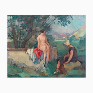 Guillaume Dulac, Landscape with Two Bathers, Oil on Panel, Framed