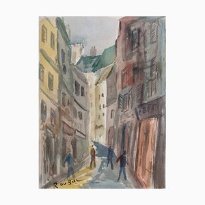 Roland DuBuc, Parisian Street Scene, 1970s, Watercolor, Framed