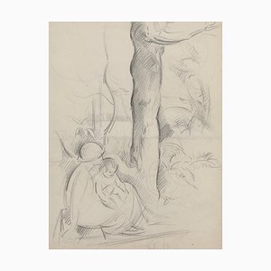 Guillaume Dulac, Madre con bambino sotto un albero, anni '20, disegno a matita, con cornice