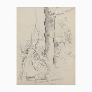 Guillaume Dulac, Mutter mit Kind unter einem Baum, 1920er, Bleistiftzeichnung, gerahmt