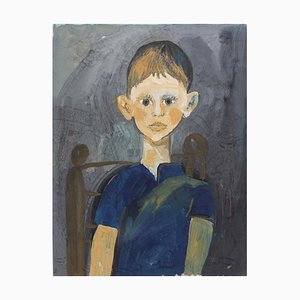 Raymond Debiève, Porträt eines Jungen auf einem Stuhl, 1960er, Gouache auf Papier, gerahmt