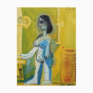Raymond Debiève, Donna nuda in casa, 1969, Olio su carta, con cornice