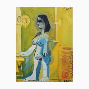 Raymond Debiève, Femme nue à la maison, 1969, Huile sur Papier, Encadrée