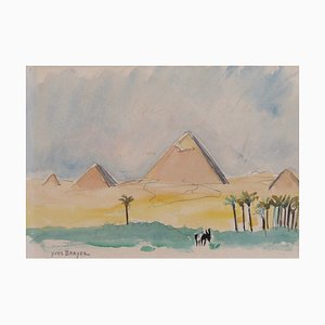 Yves Brayer, The Pyramids of Giza, 1966, Watercolor & Pencil, Framed