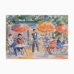 Catherine Garros, Le Café, 1990s, Aquarelle, Encadré