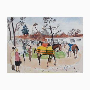 Yves Brayer, Promenade of Horses at Auteuil Horse Track, Paris, 1960s, Watercolor, Framed