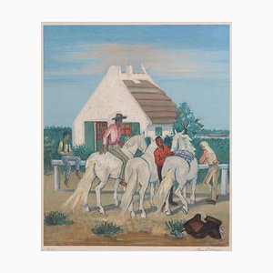 Yves Brayer, Les Gardians de la Camargue, 1950er, Lithographie, gerahmt