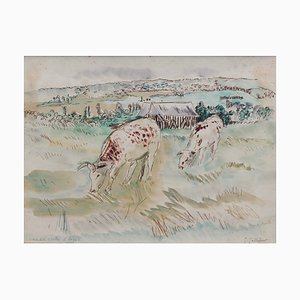 Genevieve Gallibert, Grazing Cattle in Normandy, 1930s, Watercolor, Framed