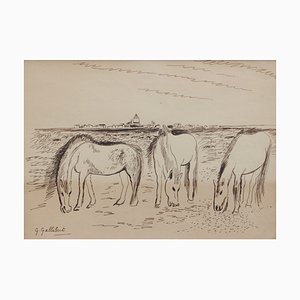 Genevieve Gallibert, Grazing Horses in the Camargue, 1930s, Ink on Paper, Framed