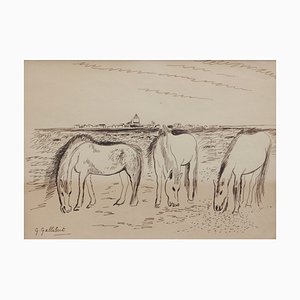 Genevieve Galllibert, Grazing Horses in the Camargue, 1930s, Encre sur Papier, Encadré