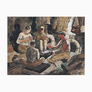 Yves Brayer, Soldiers Playing Cards, 1939, Acquarello, Incorniciato