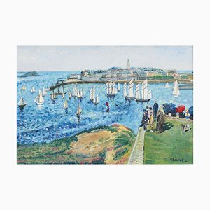 French Modern School Artist, Port of Saint-Malo, 1984, Öl auf Leinwand, Gerahmt