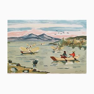 Yves Brayer, Pescadores mexicanos en el lago de Pátzcuaro, Litografía, 1963, Enmarcado