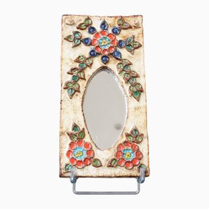 Espejo de pared francés vintage de cerámica con motivo floral de La Roue, años 60