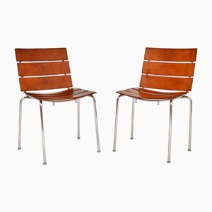 Vintage Italian Leather & Chrome Stripe Chairs by Giancarlo Vegni, 1970s, Set of 2
