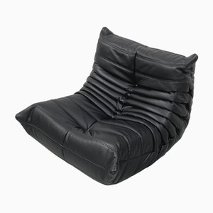 French Black Leather Togo Lounge Chair by Michel Ducaroy for Ligne Roset, 1970s