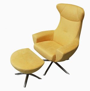 Model Baloo Armchair and Footrest in Yellow Alcantara on 5-Branch Chrome-Plated Metal Swivel Base by Olav Eldoy, Norway, Set of 2