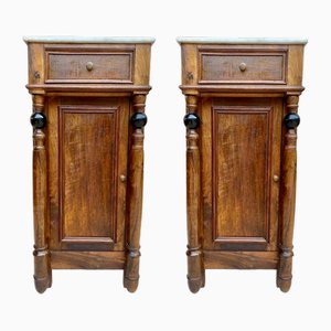 Early 20th Century French Walnut Nightstands with One Drawer and Marble Top, 1920s, Set of 2