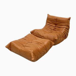 French Toffee Brown Togo Lounge Chair with Ottoman by Michel Ducaroy for Ligne Roset, 1970s, Set of 2