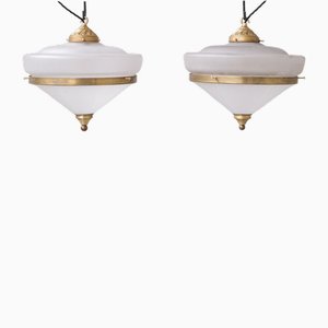 Mid-Century French Brass and Glass 2-Tone Pendant Light
