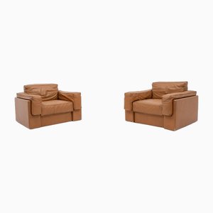 Italian Modern Cognac Leather Club Armchairs, Set of 2