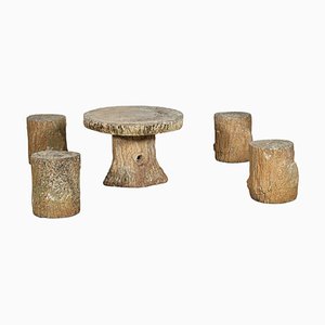 French Faux Bois Stone Garden Table and Stools, Set of 5
