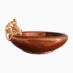 Large Nut Bowl in Precious Wood with 2 Mice from Schleißner Hanau Silber