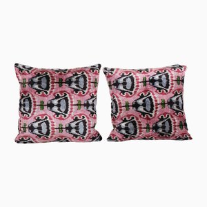 Handmade Pink Silk Ikat Velvet Cushion Covers, Set of 2