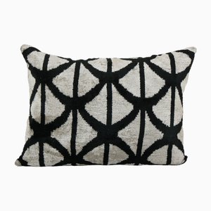 Ikat Velvet & Silk Lumbar Cushion Cover in Black and Cream