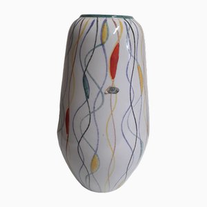 Deutsche Mid-Century Keramikvase mit weißer Glasur und farbigen Linien, 1950er