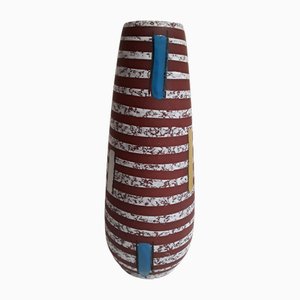 Deutsche Mid-Century Keramikvase mit rotbraunen Scherben, White Line Dekor und farbigen Rechtecken von Bay Keramik, 1950er