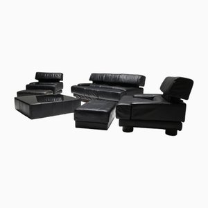 Living Room Set in Black Leather by Percival Lafer, Brazil, Set of 6