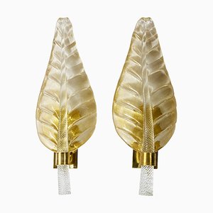 Large Vintage Italian Leaf-Shaped Murano Glass and Brass Wall Lights, 1980, Set of 2
