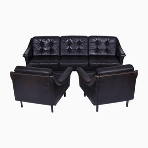 Black Leather Sofa and 2 Armchairs, Germany, 1960s, Set of 3