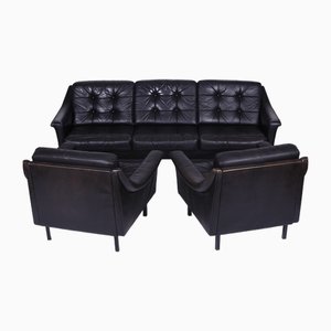 Canapé et 2 Fauteuils en Cuir Noir, Allemagne, 1960s, Set de 3