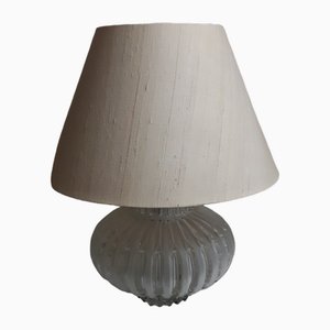 Table Lamp with Segmented Glass Base and Cream-Colored Fabric Shade on Brass Mount, 1970s