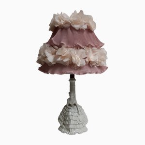 Romantic Table Lamp in Glazed Porcelain with Silk Shade, 1970s