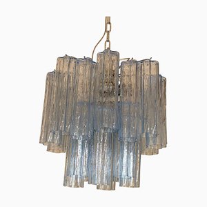 Lámpara de araña Tronchi de cristal de Murano azul al estilo de Venini de Simoeng