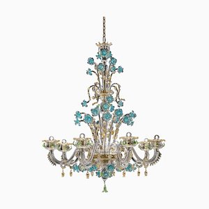 Lámpara de araña veneciana en turquesa floral de cristal de Murano de Simoeng