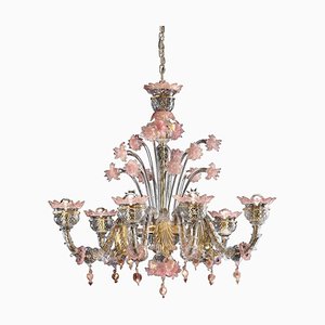 Lámpara de araña veneciana de cristal de Murano floral en dorado y rosa de Simoeng
