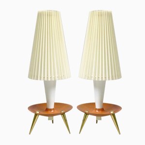 Lampes de Bureau en Teck, Laiton et Paravents Plissés, 1960s, Set de 2