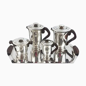 Art Deco Silver Plated and Makassar Ebony Tea or Coffee Set from Ravinet d'Enfert, 1930s, Set of 5