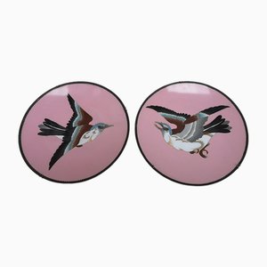 19th Century Japanese Decorative Plates in Pink Cloisonne with Birds Decor, Set of 2