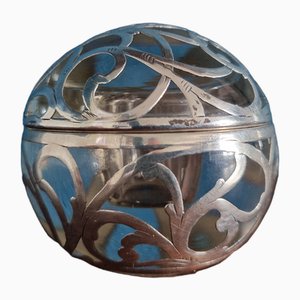 Tintero globular antiguo de vidrio transparente con revestimiento plateado, década de 1890
