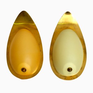 Mid-Century Brass and Beige Glass Sconces Shaped Like a Drop, 1950s, Set of 2