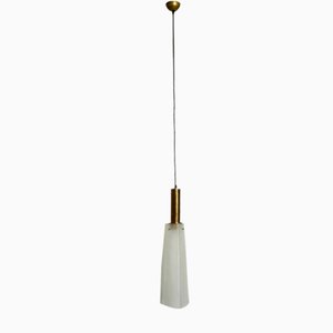 Large Mid-Century Brass Pendant Lamps with Triangular Glass Lampshades, Denmark, Set of 2