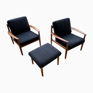 Scandinavian Easy Chairs and Stool in Teak by Grete Jalk for France & Son, 1960s, Set of 3