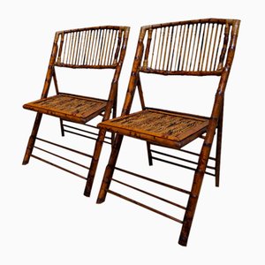 British Colonial Tortoise Bamboo & Rattan Folding Chairs, 1950s, Set of 2