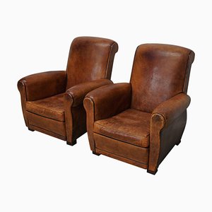 Vintage French Cognac Leather Club Chairs, Set of 2