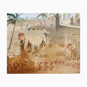 Régine Van Den Broek, Balinese Pottery Market, 1930s, Oil on Canvas, Framed